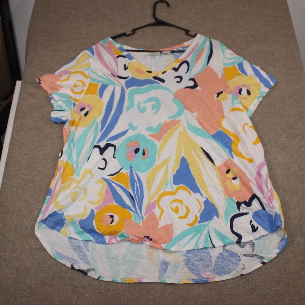 Rachel Zoe Floral V-Neck High Low Top Multi-Color Abstract Slub Knit Tee 3X